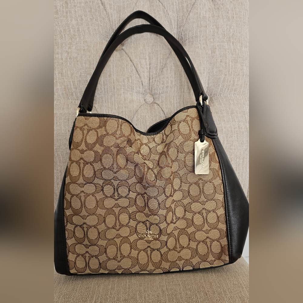 COACH Edie Shoulder Bag 31 in Signature Jacquard.  Dark Brown and Tan Color